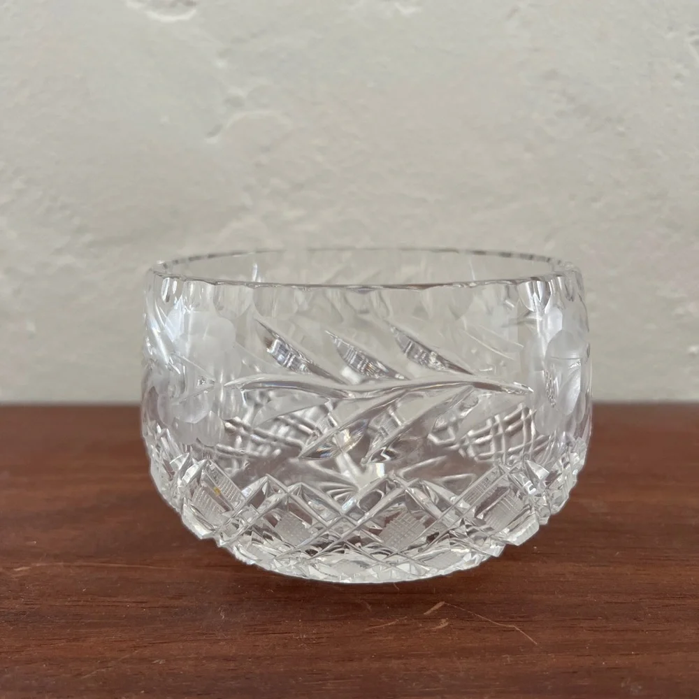 Vintage antique cut crystal etched floral rose bowl trinket dish